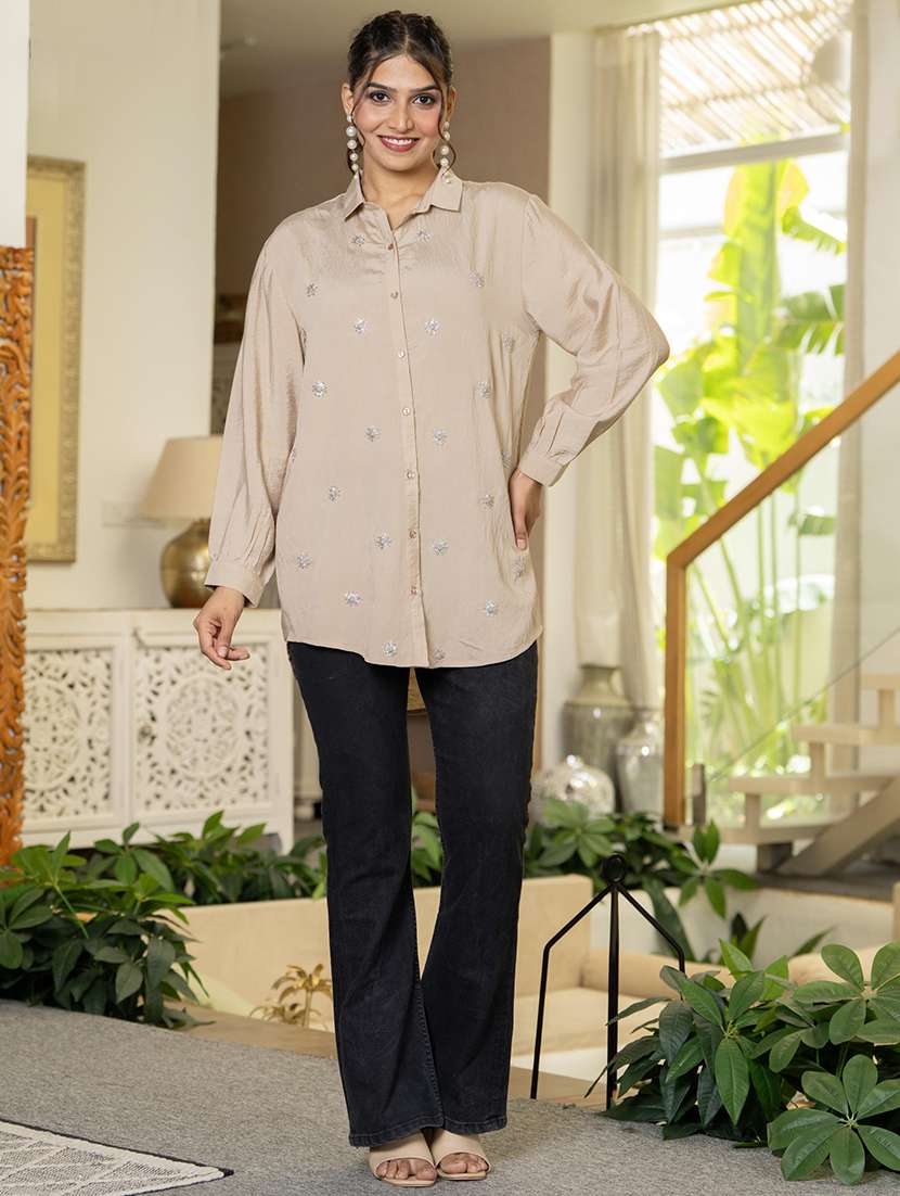 women solid with work long sleeve ethnic top - 22279251 -  Standard Image - 1