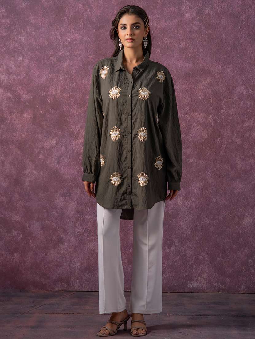 women solid with work long sleeve ethnic top - 22279252 -  Standard Image - 1