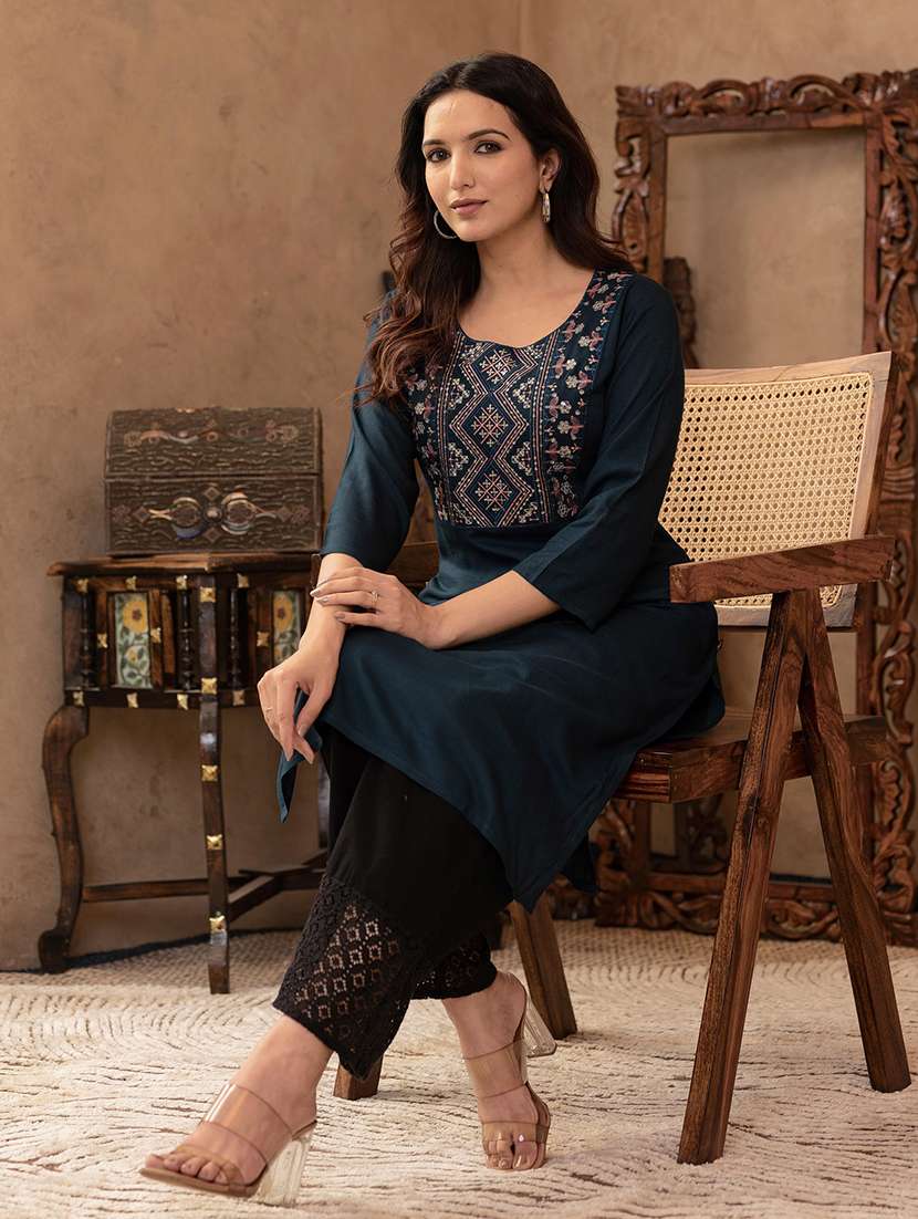 women solid with work three quarter sleeve straight kurta - 22279267 -  Standard Image - 1