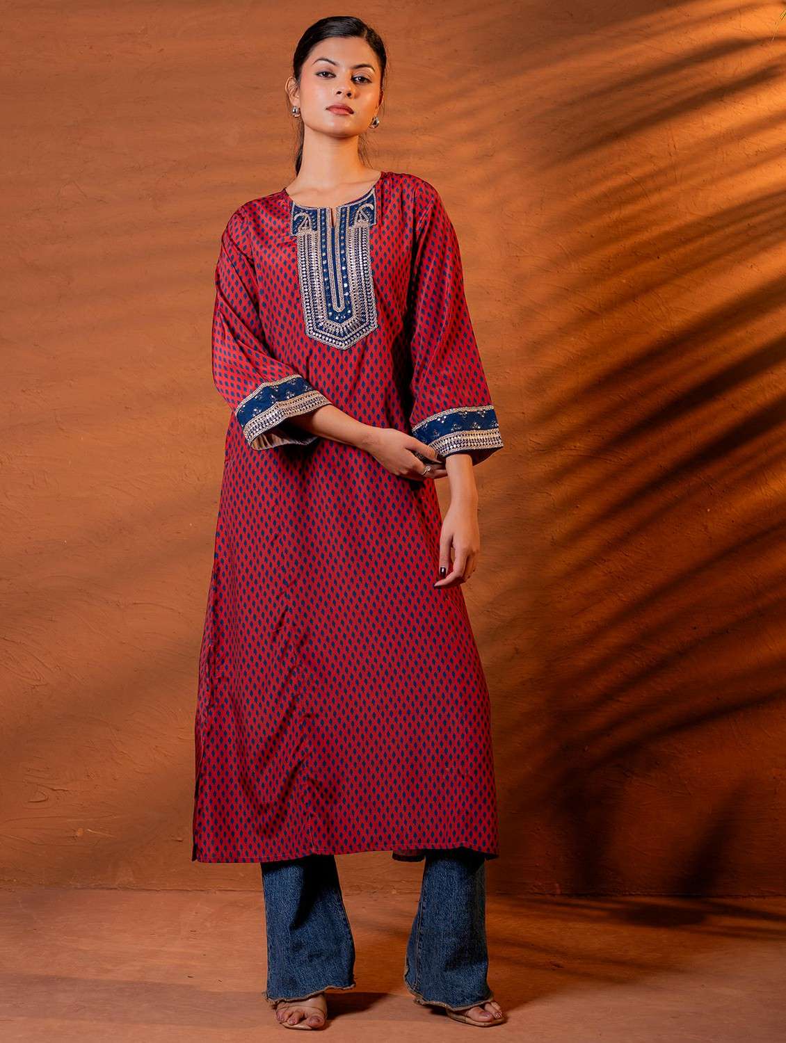 women printed three quarter sleeve a-line kurta