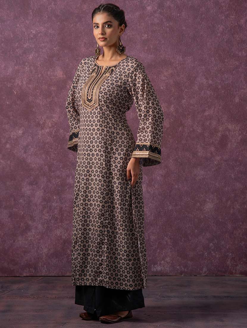 women printed long sleeve a-line kurta
