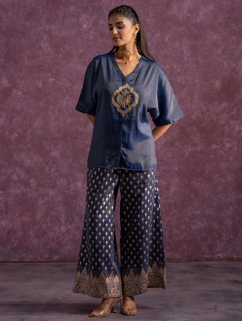 women solid with work elbow sleeve top pant set - 22279287 -  Standard Image - 1