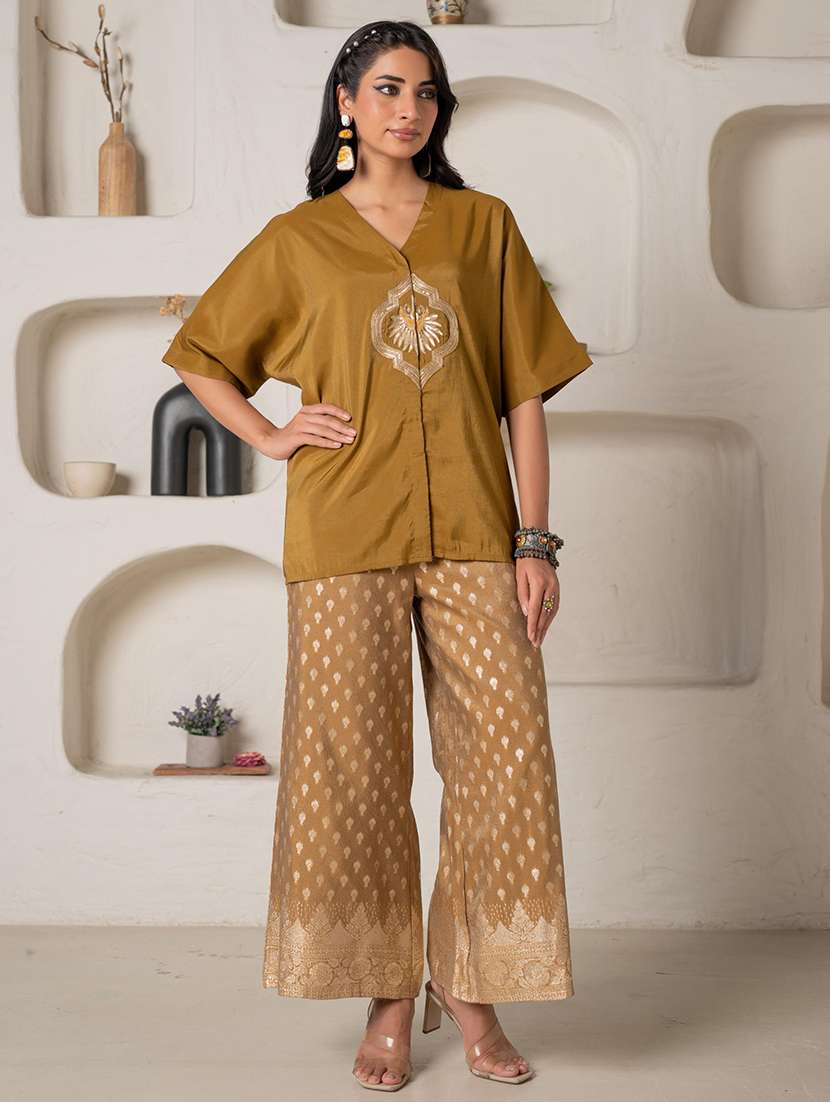 women solid with work elbow sleeve top pant set - 22279288 -  Standard Image - 1