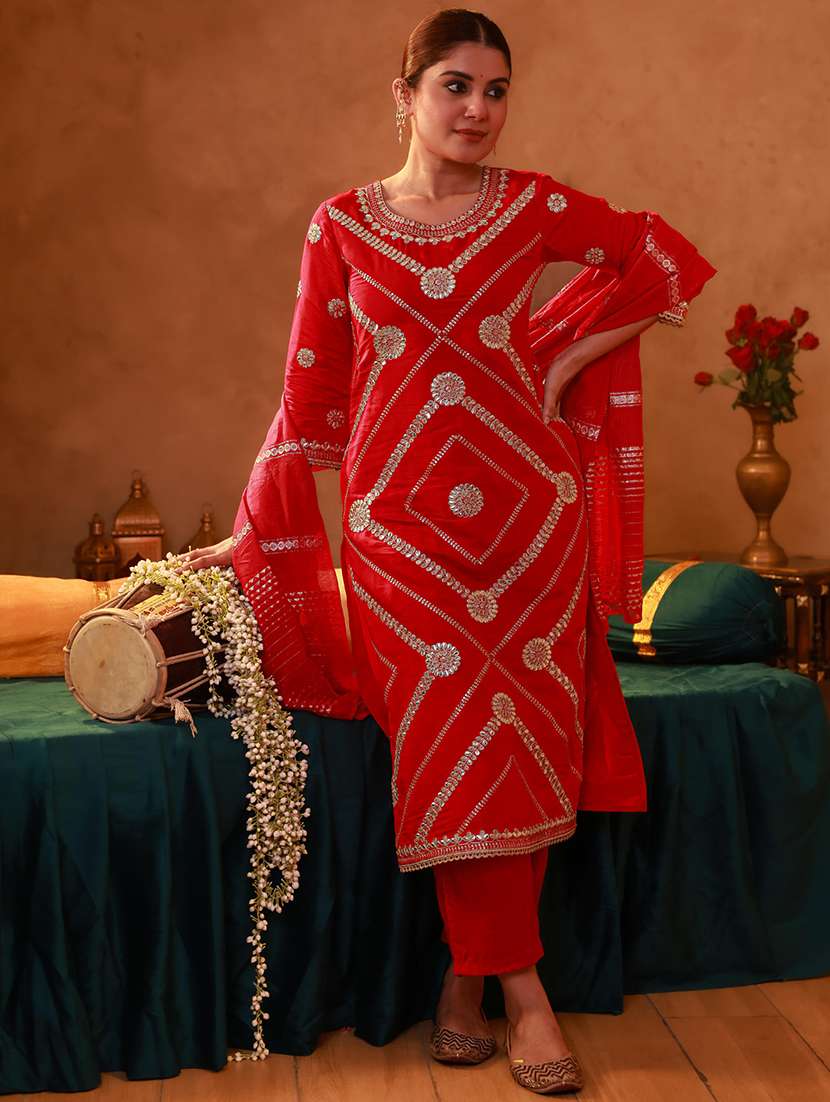 women solid with work three quarter sleeve kurta pant with dupatta set - 22279290 -  Standard Image - 1