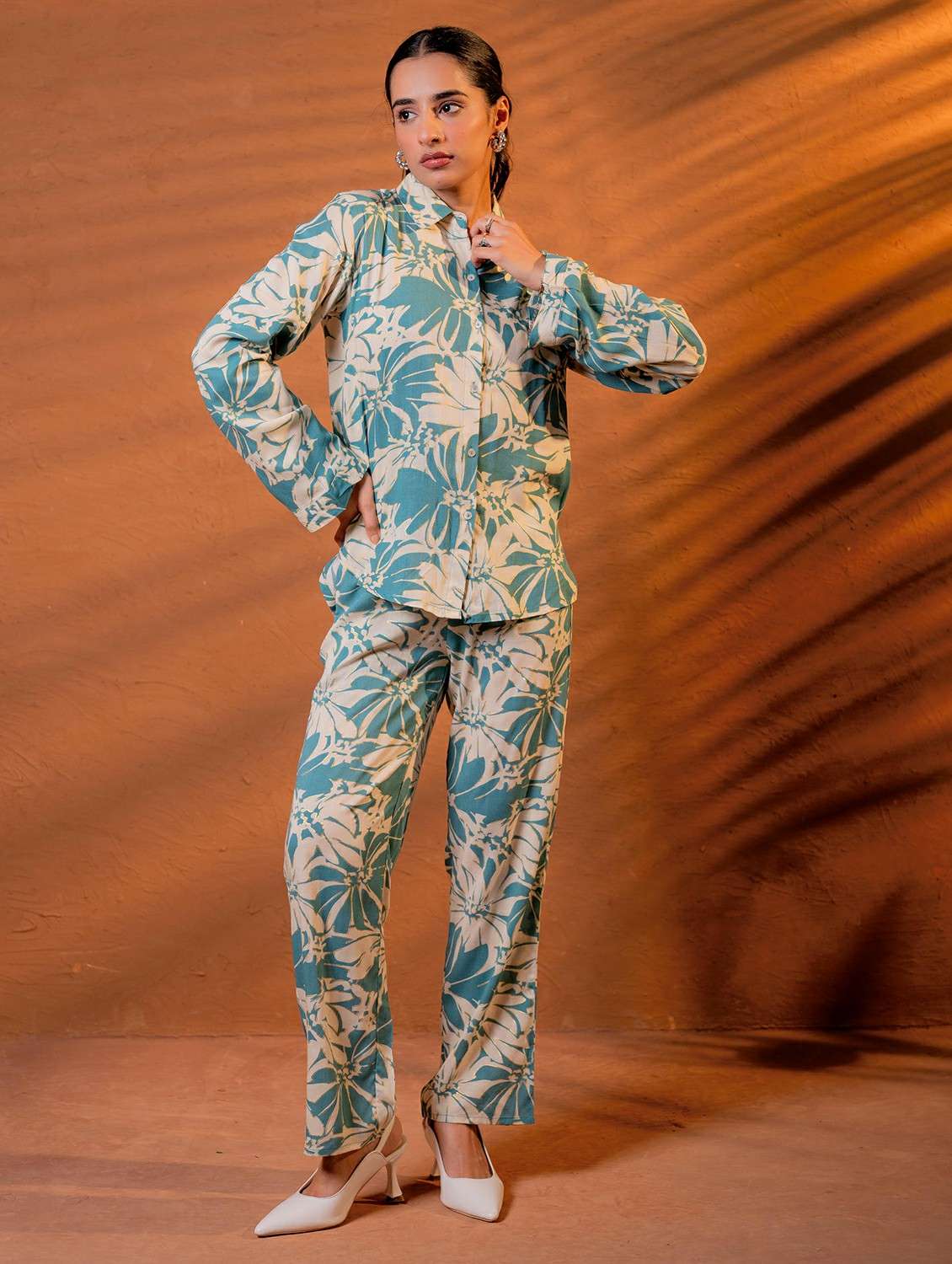 women floral long sleeve shirt & trouser co-ord set - 22279301 -  Standard Image - 1