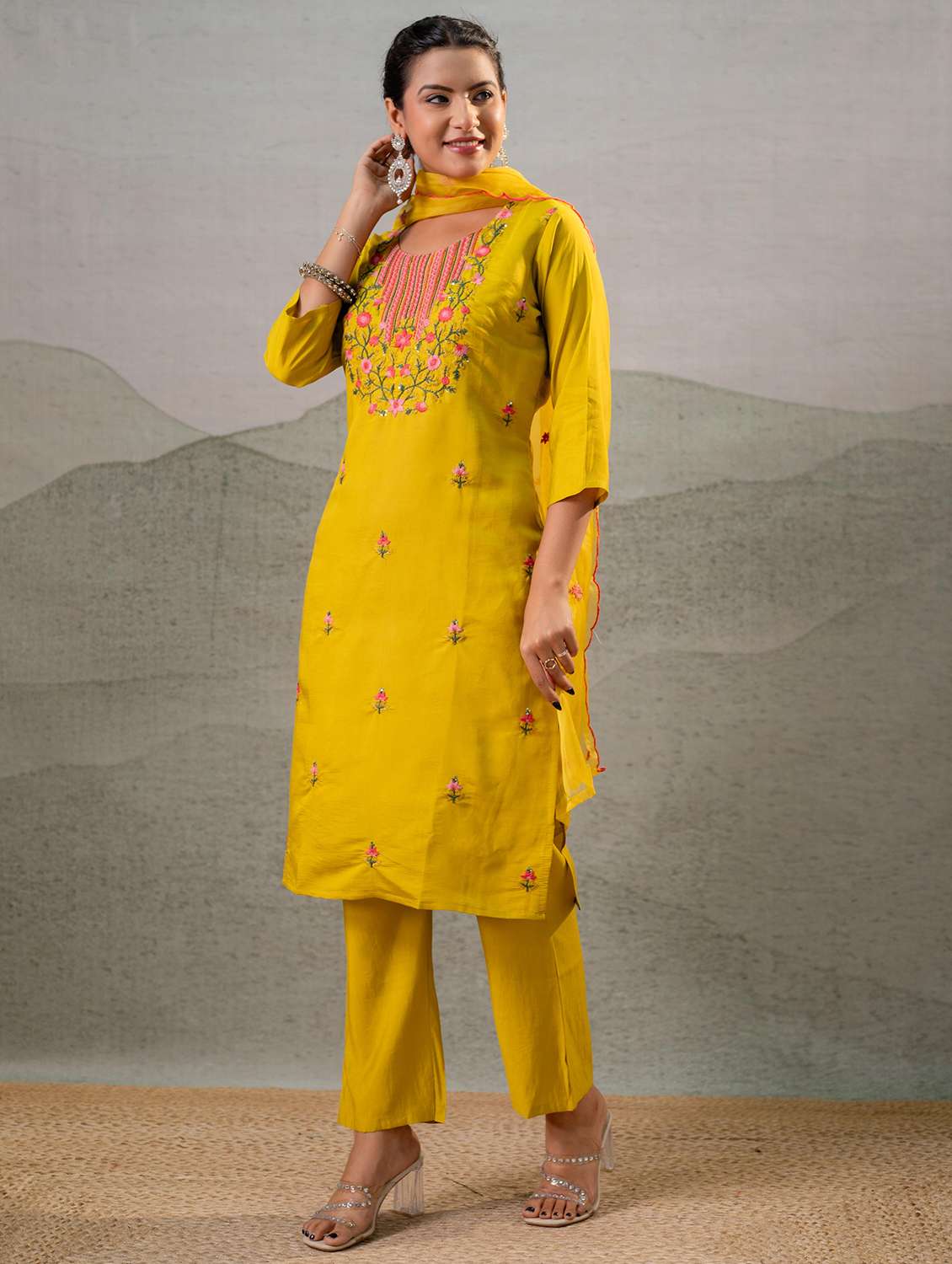 women solid with work three quarter sleeve kurta pant with dupatta set - 22279306 -  Standard Image - 1