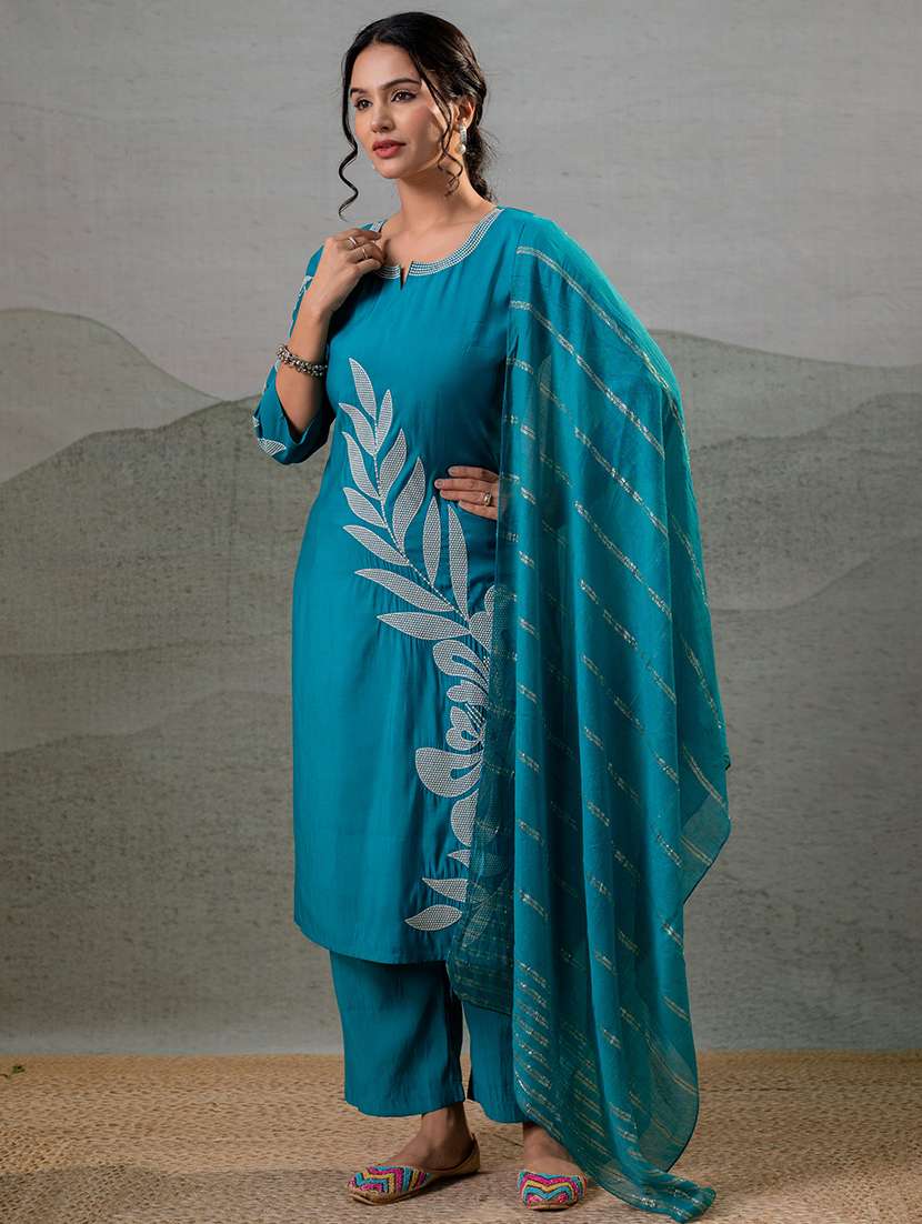 women solid with work three quarter sleeve kurta pant with dupatta set - 22279307 -  Standard Image - 1