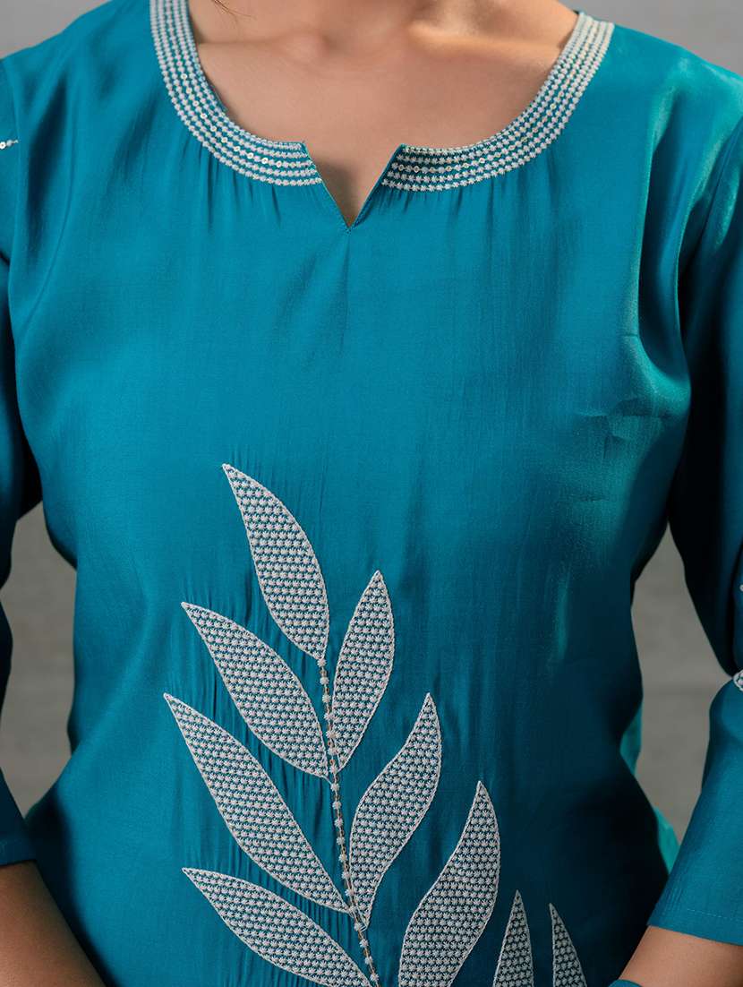 women solid with work three quarter sleeve kurta pant with dupatta set - 22279307 -  Standard Image - 4