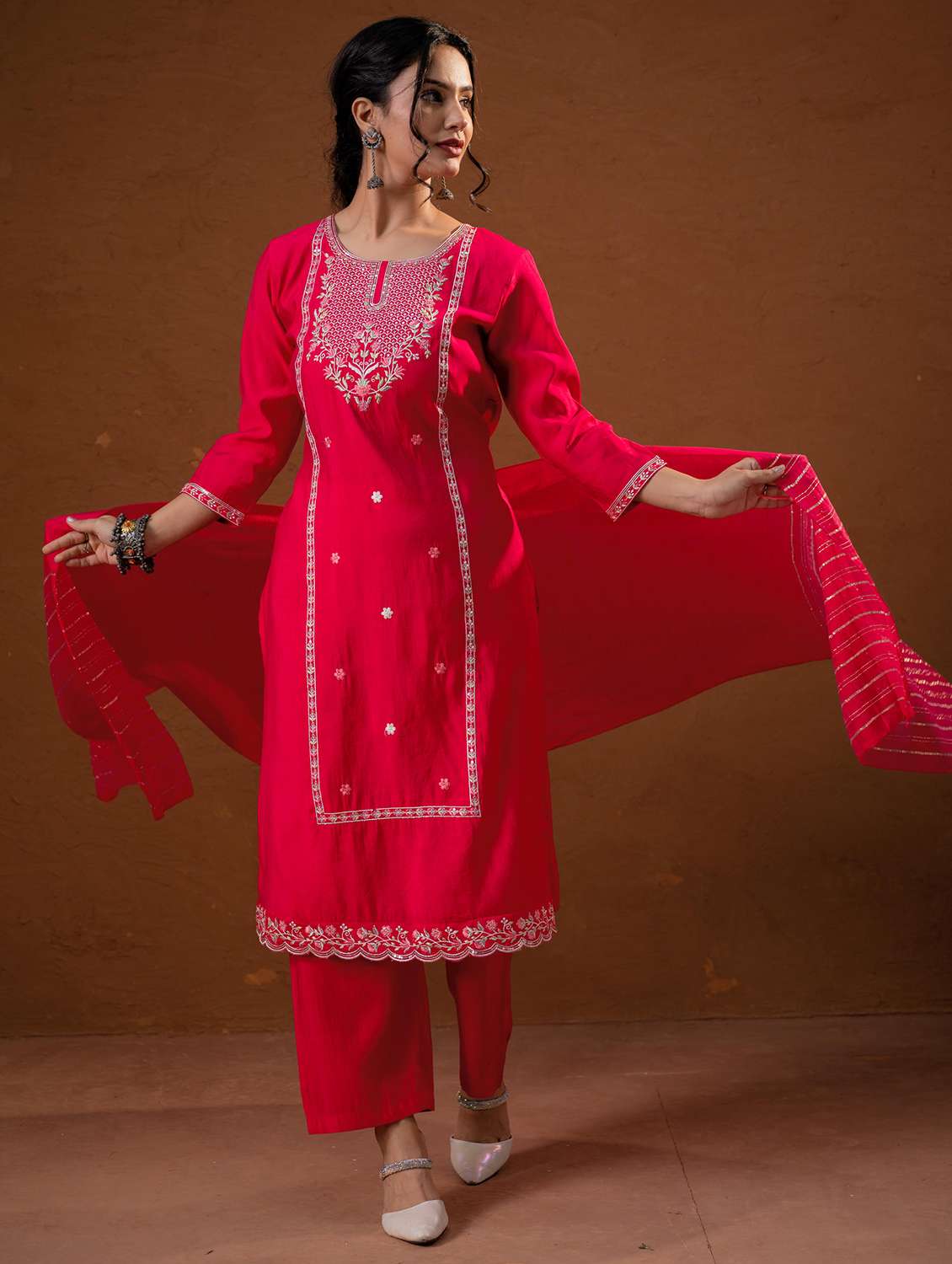 women solid with work three quarter sleeve kurta pant with dupatta set - 22279308 -  Standard Image - 1