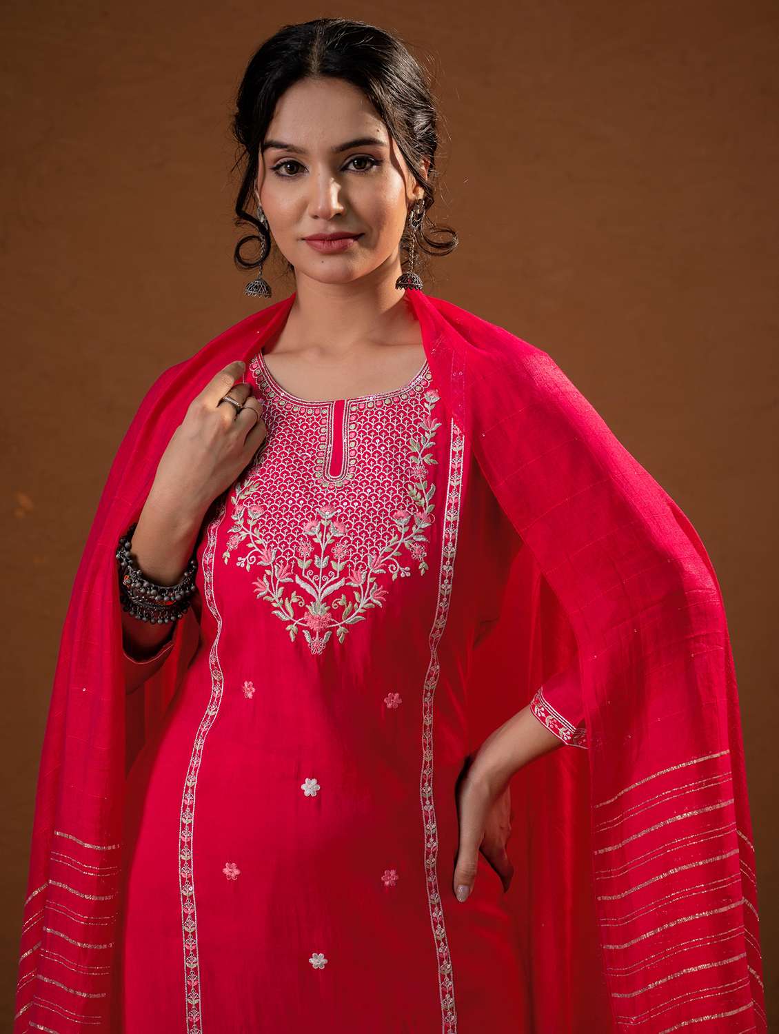 women solid with work three quarter sleeve kurta pant with dupatta set - 22279308 -  Standard Image - 4