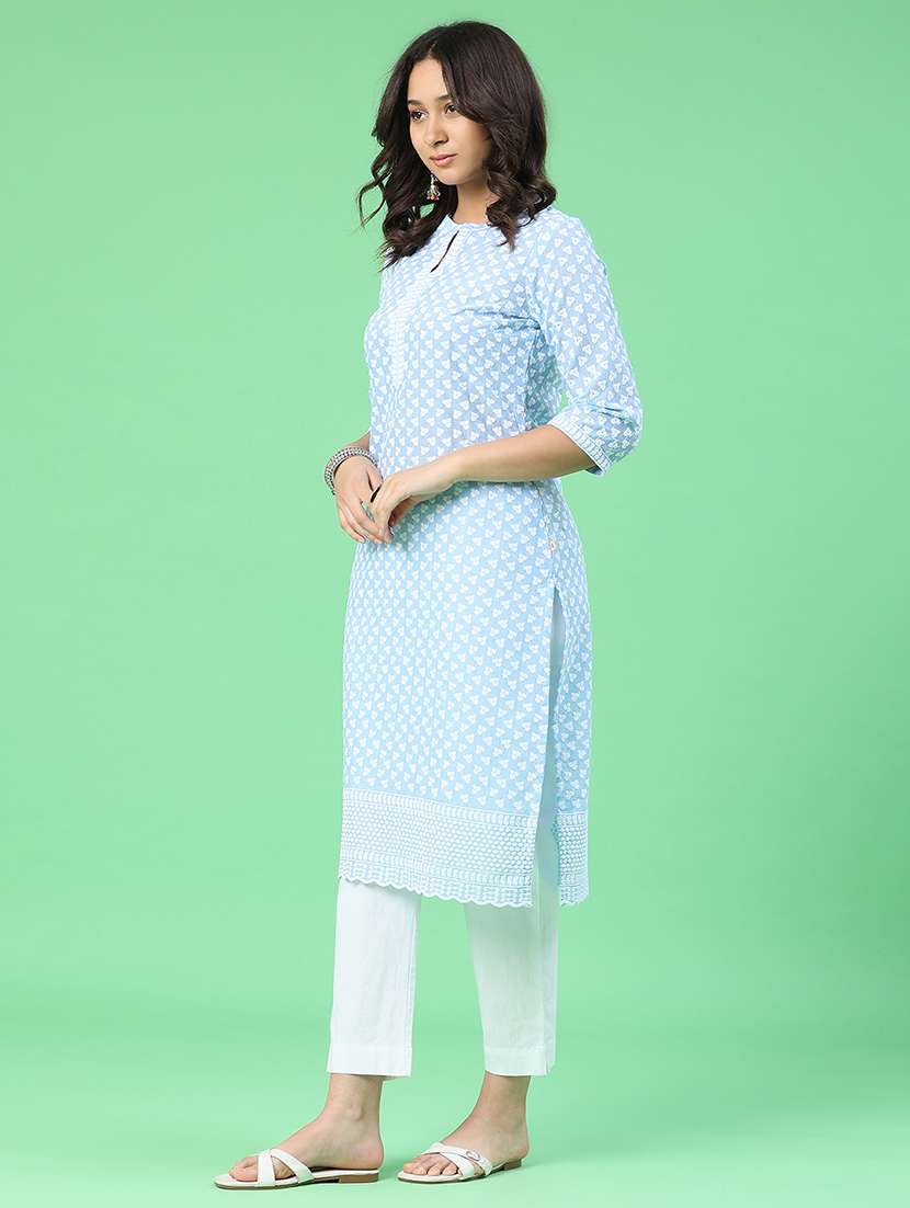 women embroidered three quarter sleeves straight kurta - 22279718 -  Standard Image - 4