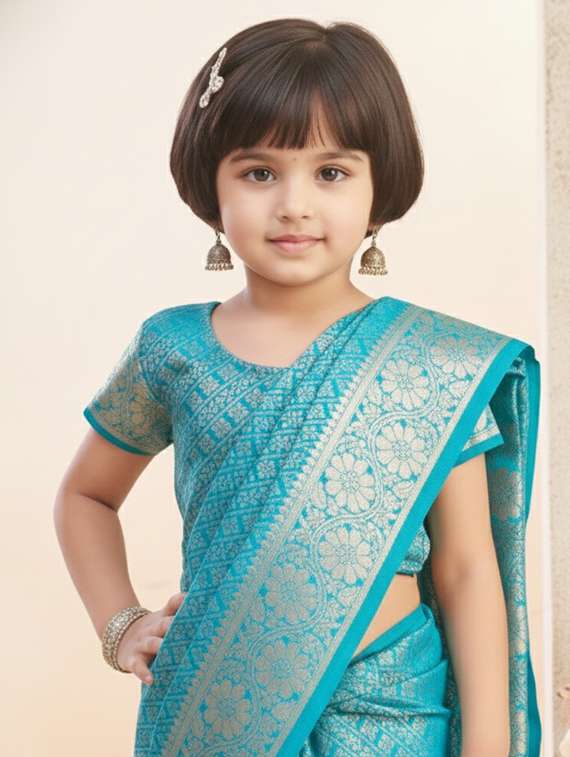 girls self designed bordered pre draped saree - 22280095 -  Standard Image - 4