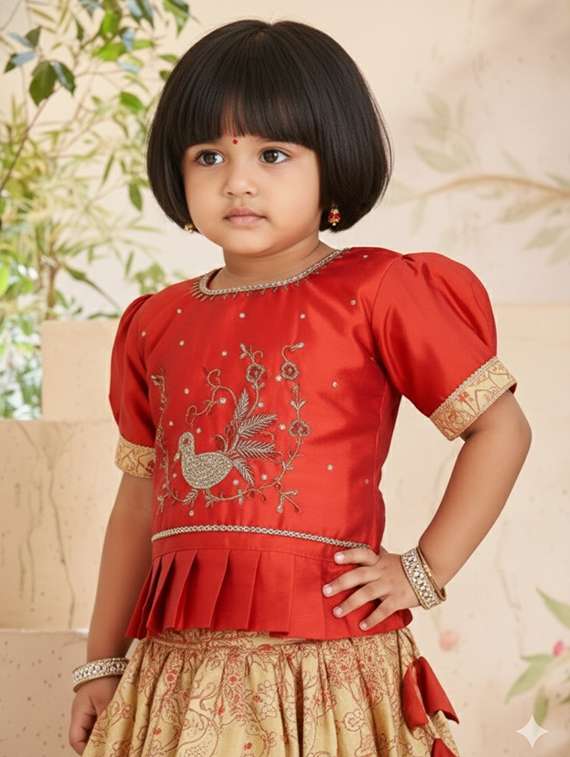 girls embroidered puff sleeve lehenga and choli set - 22280108 -  Standard Image - 1