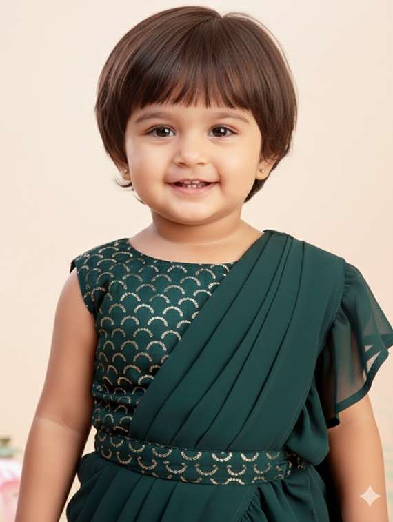 girls solid ruffle pre draped saree - 22280112 -  Standard Image - 1