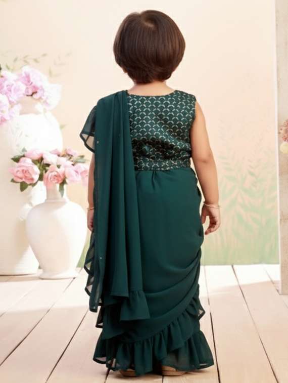 girls solid ruffle pre draped saree - 22280112 -  Standard Image - 4