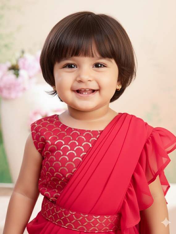 girls solid ruffle pre draped saree - 22280114 -  Standard Image - 1