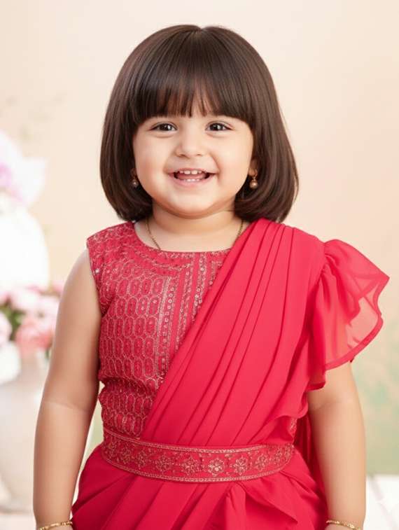girls solid ruffle pre draped saree - 22280116 -  Standard Image - 1