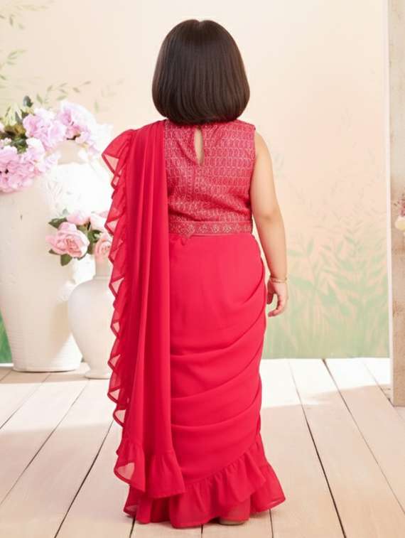 girls solid ruffle pre draped saree - 22280116 -  Standard Image - 4