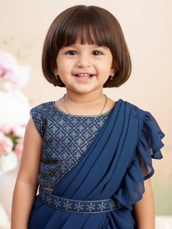 girls solid ruffle pre draped saree - 22280117 -  Standard Image - 1