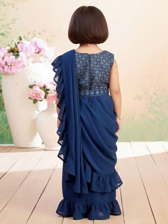 girls solid ruffle pre draped saree - 22280117 -  Standard Image - 4
