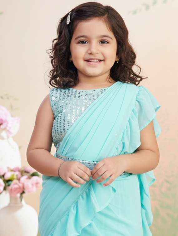girls solid ruffle pre draped saree - 22280119 -  Standard Image - 1