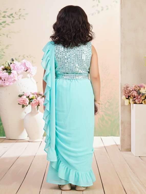 girls solid ruffle pre draped saree - 22280119 -  Standard Image - 4