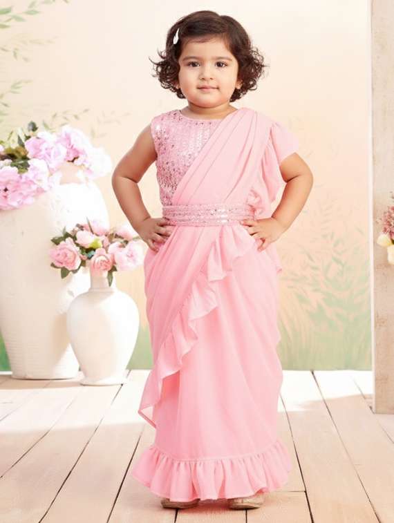 girls solid ruffle pre draped saree