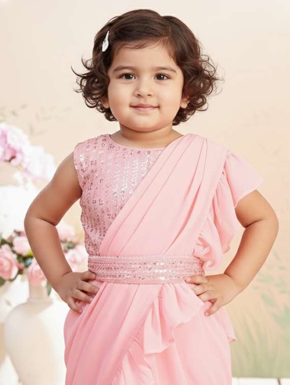 girls solid ruffle pre draped saree - 22280120 -  Standard Image - 1