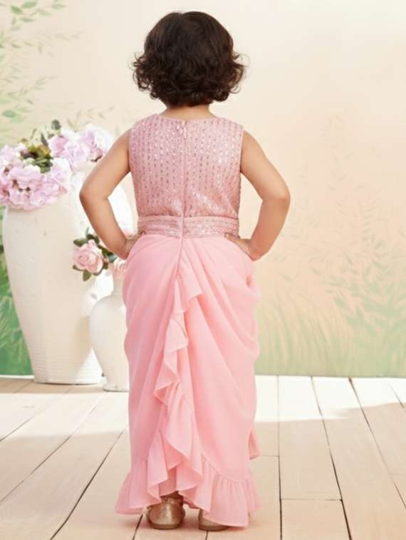 girls solid ruffle pre draped saree - 22280120 -  Standard Image - 4
