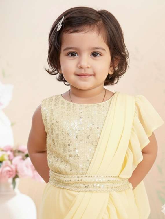 girls solid ruffle pre draped saree - 22280121 -  Standard Image - 1