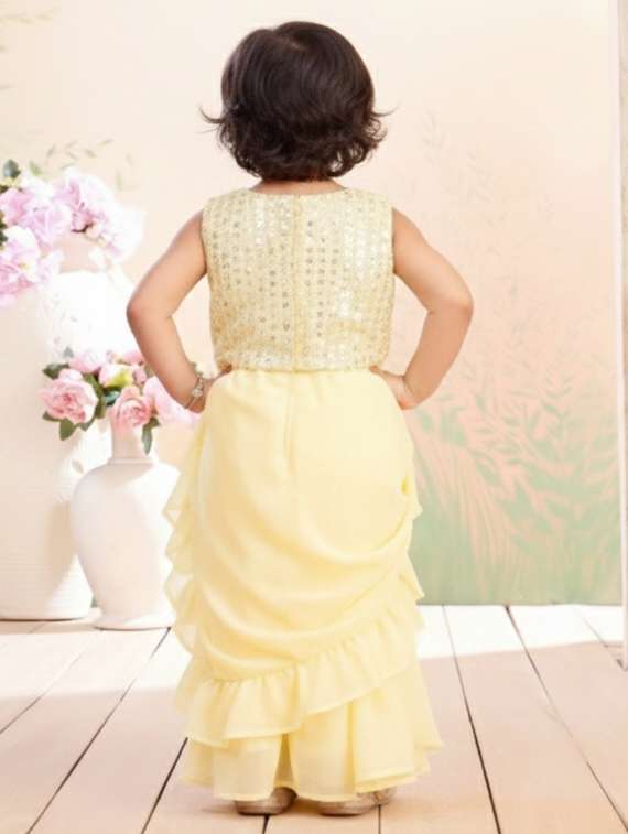 girls solid ruffle pre draped saree - 22280121 -  Standard Image - 4