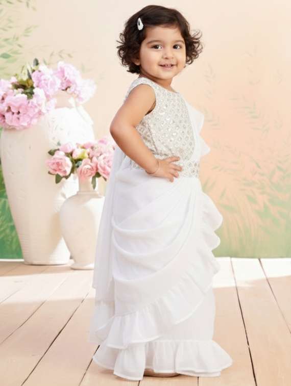 girls solid ruffle pre draped saree - 22280122 -  Standard Image - 4