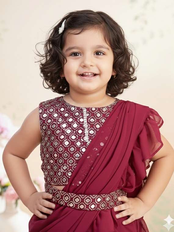girls solid ruffle pre draped saree - 22280123 -  Standard Image - 1