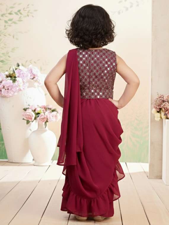 girls solid ruffle pre draped saree - 22280123 -  Standard Image - 4