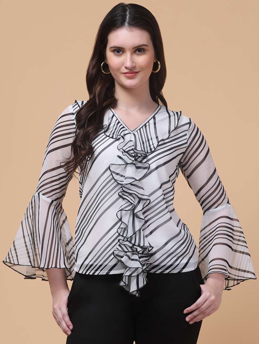 women striped bell sleeve ruffle top - 22280126 -  Standard Image - 1