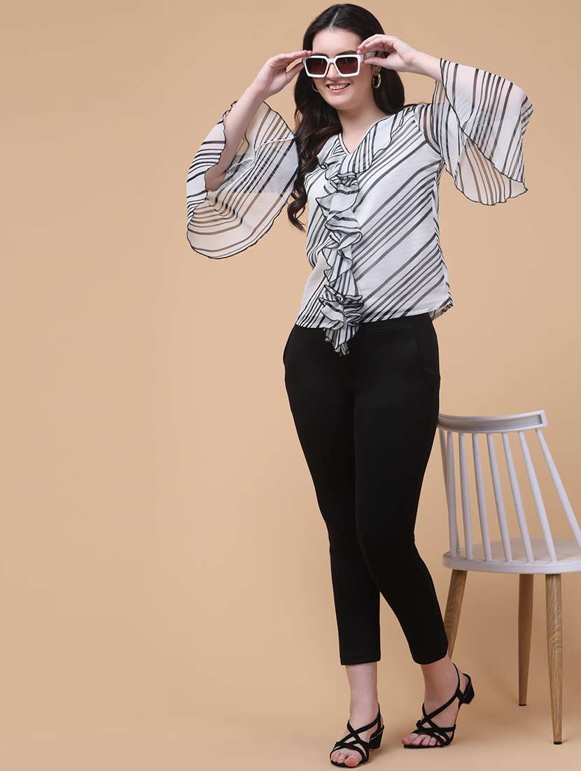 women striped bell sleeve ruffle top - 22280126 -  Standard Image - 4