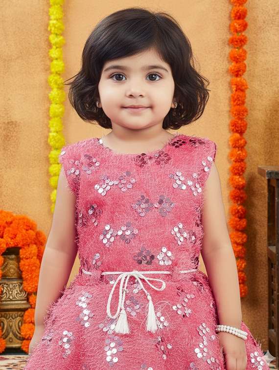 kids solid with work round neck dress - 22280142 -  Standard Image - 1