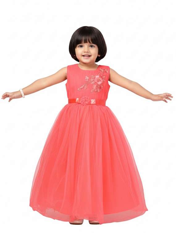 kids solid with work round neck dress