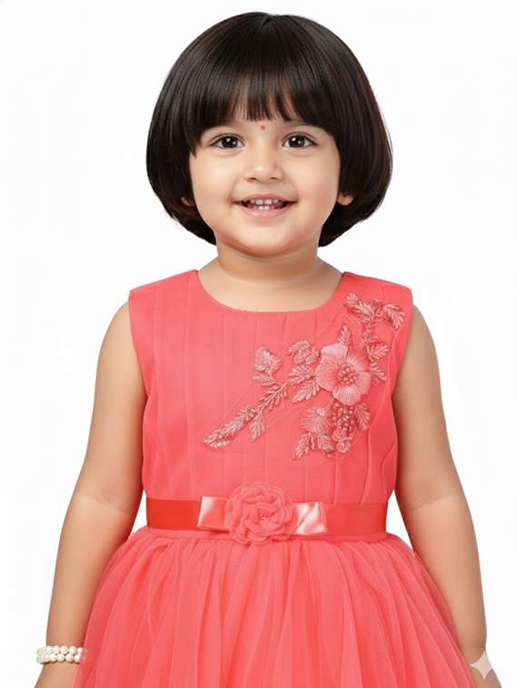 kids solid with work round neck dress - 22280165 -  Standard Image - 1