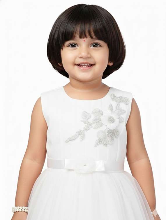 kids solid with work round neck dress - 22280166 -  Standard Image - 1