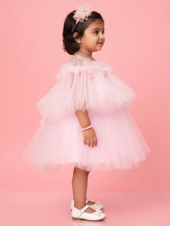 girls self designed cape sleeve net fit & flare dress - 22280227 -  Standard Image - 1