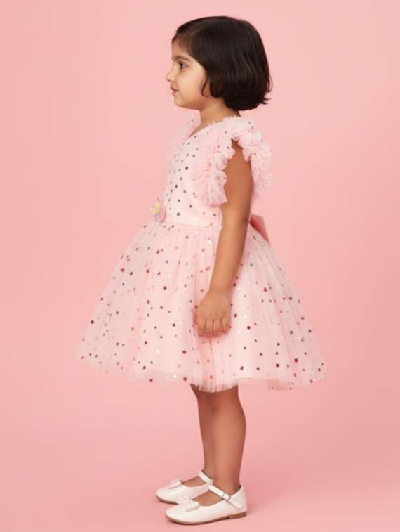 girls self designed ruffle sleeve net fit & flare dress - 22280233 -  Standard Image - 1