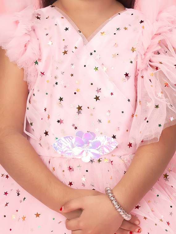 girls self designed ruffle sleeve net fit & flare dress - 22280233 -  Standard Image - 4