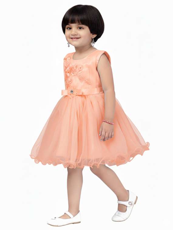 kids solid with work round neck dress - 22280260 -  Standard Image - 1