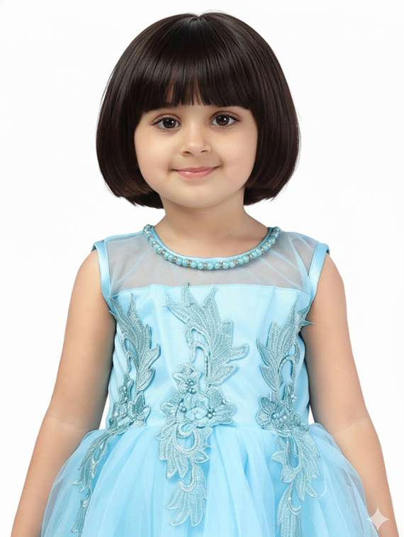 kids solid with work round neck dress - 22280262 -  Standard Image - 1