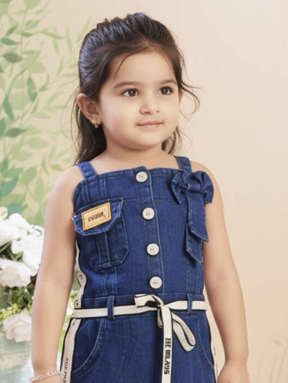 girls solid shoulder strap denim straight dress - 22280273 -  Standard Image - 1
