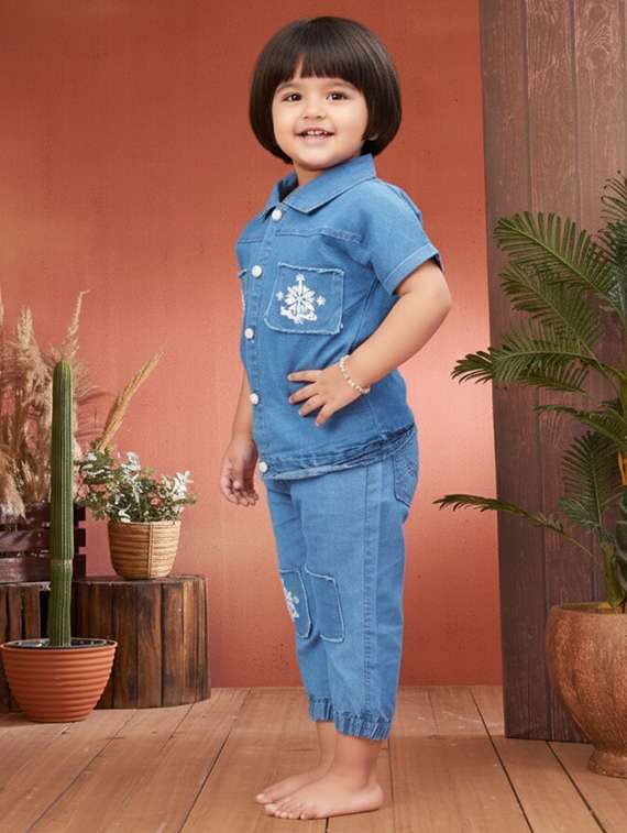girls solid denim top & trouser co-ord set - 22280283 -  Standard Image - 1