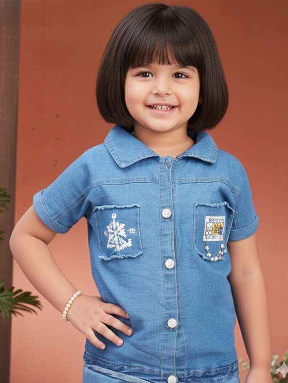 girls solid denim top & trouser co-ord set - 22280283 -  Standard Image - 4