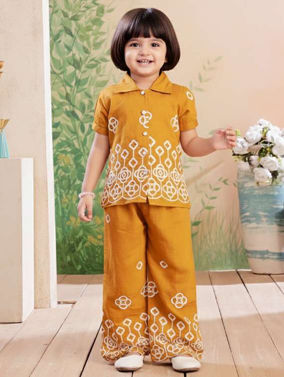 girls solid with work short sleeve top & palazzo co-ord set