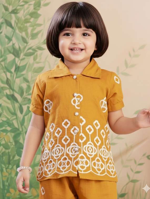 girls solid with work short sleeve top & palazzo co-ord set - 22280312 -  Standard Image - 1